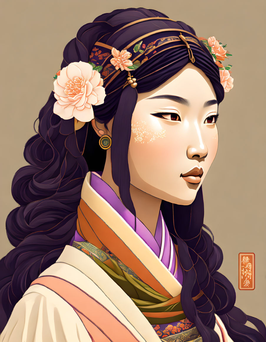 Detailed illustration of woman with floral headband and traditional attire on tan background
