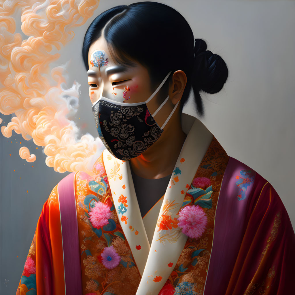 Colorful Kimono-Wearing Woman with Decorative Mask Exhaling Smoke