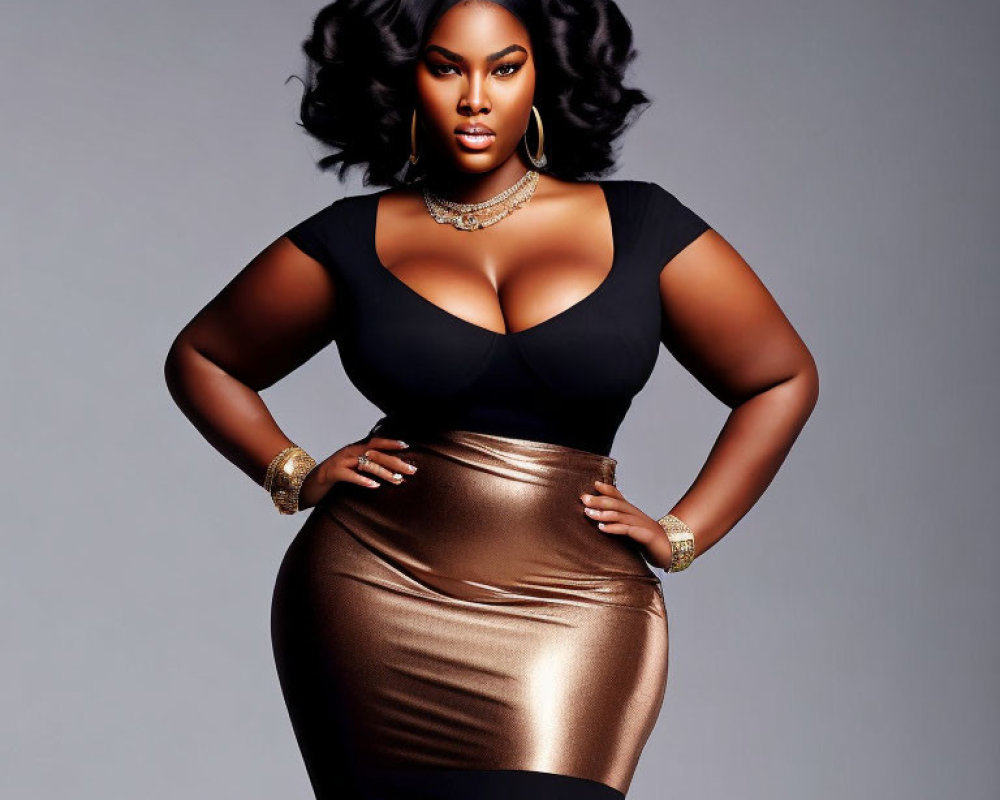 Confident woman in black top and bronze skirt with bold makeup and wavy hair poses with hands on