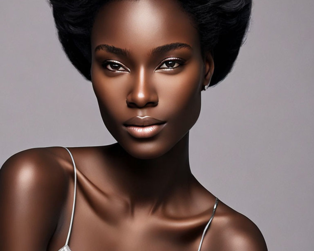 Dark-skinned woman with short hair in silver top gazes confidently.