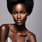 Dark-skinned woman with short hair in silver top gazes confidently.