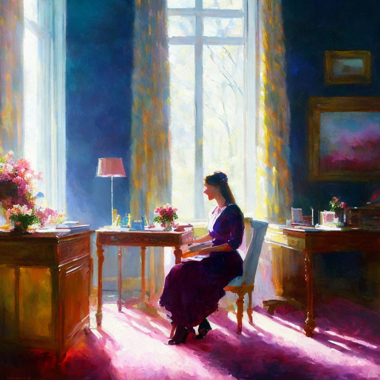 Woman Seated by Sunlit Window Surrounded by Flowers and Shadows