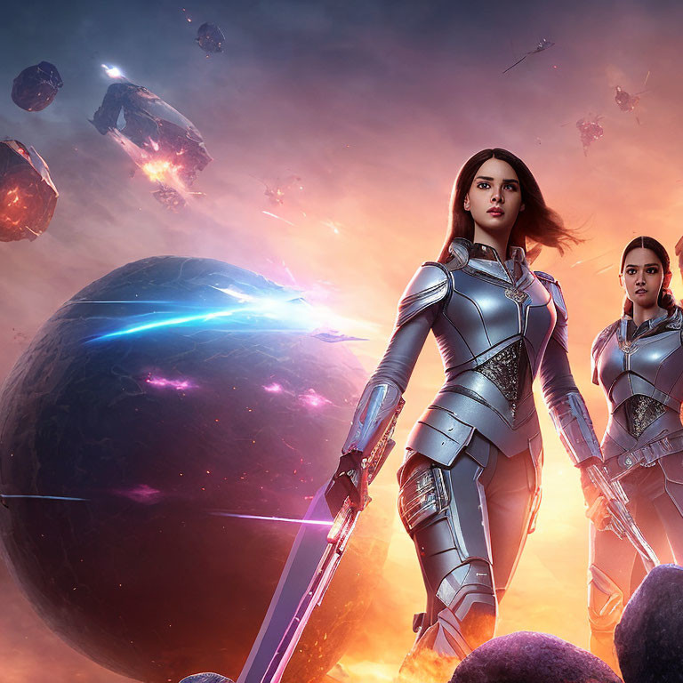 Futuristic armor-clad women with energy weapons in cosmic setting