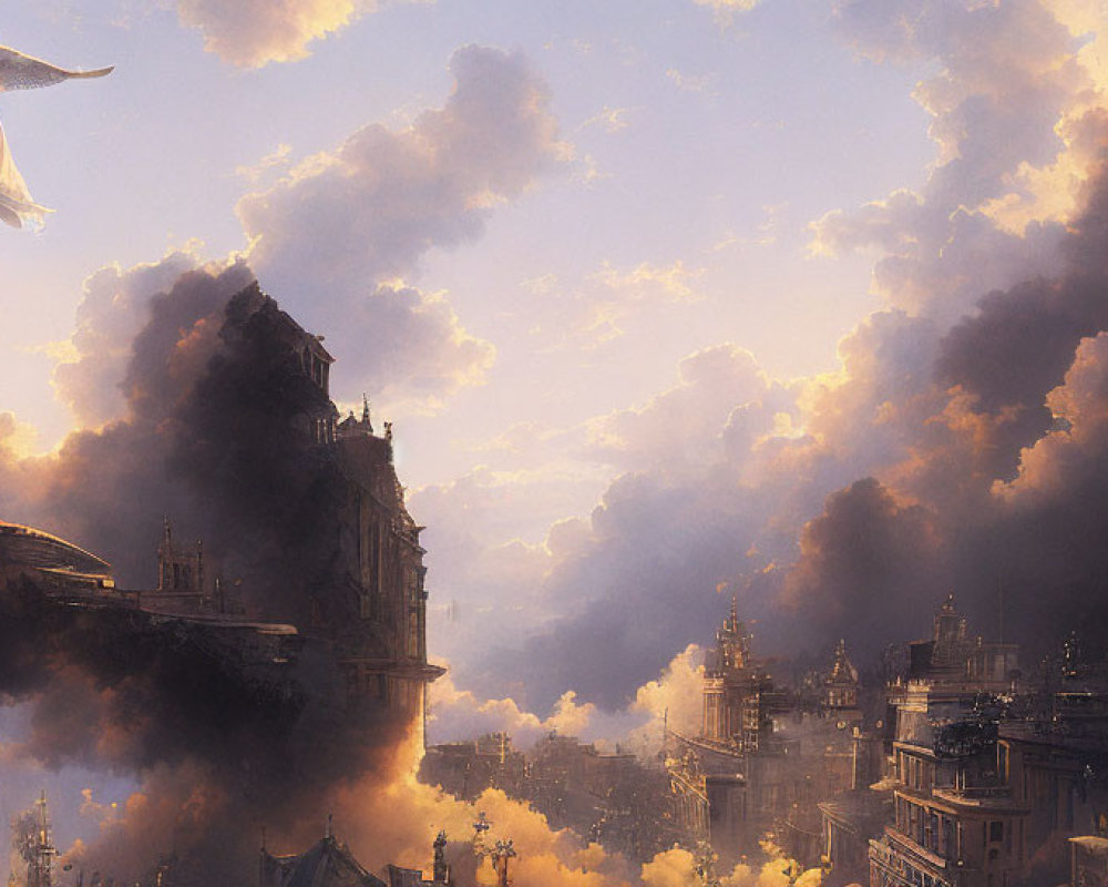 Majestic angel with large wings over fantasy cityscape at sunset