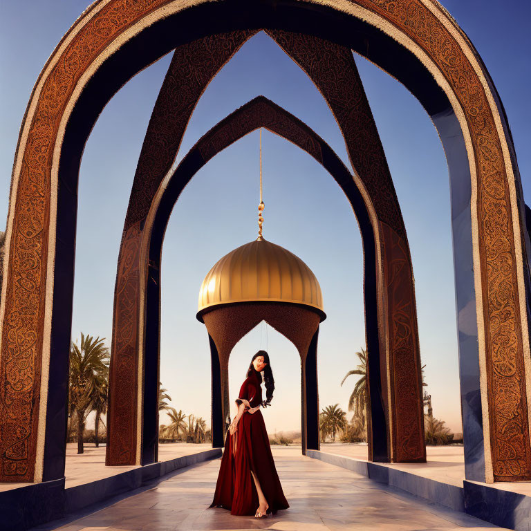 Intricate archways frame person under dome against clear sky at dusk or dawn