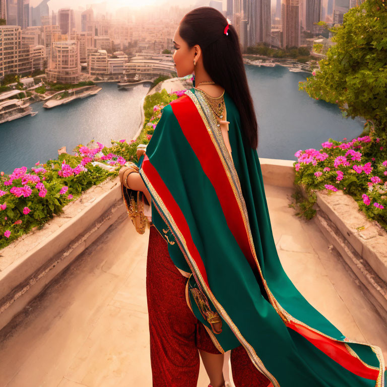 Woman in green saree gazes at city skyline with rivers and high-rises from balcony.