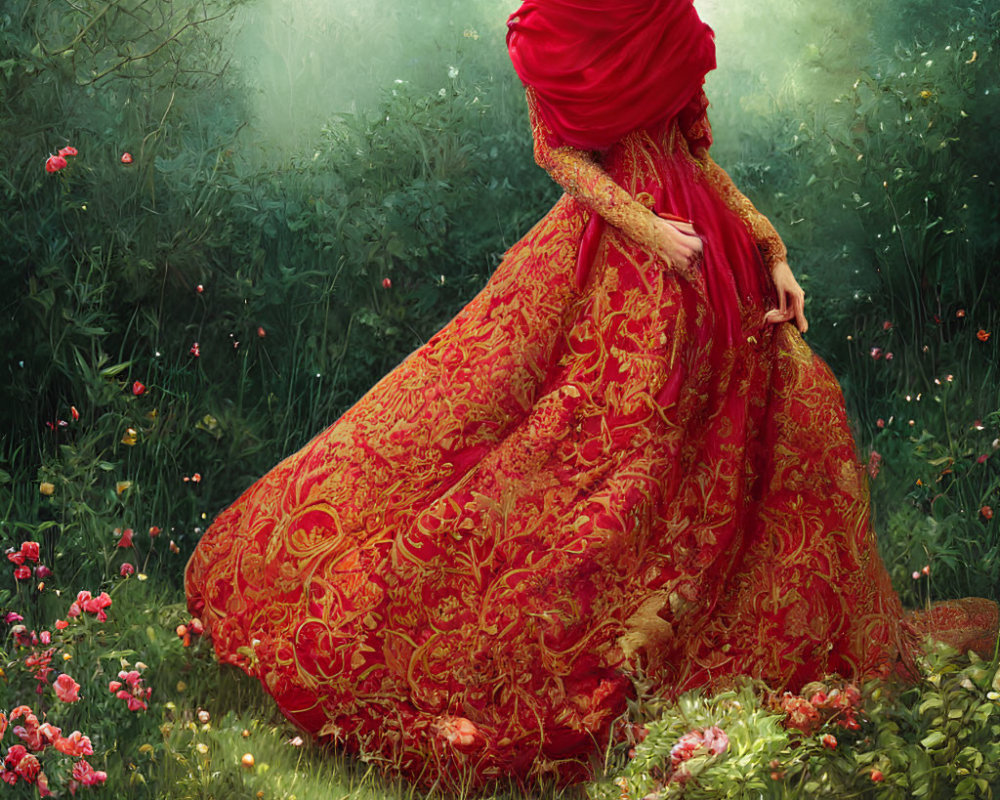 Elaborate Red Gown and Headscarf in Enchanted Forest Setting