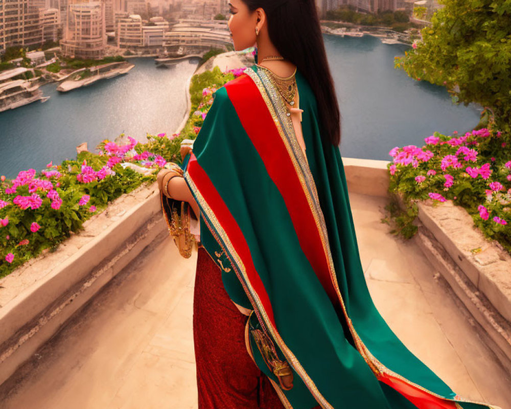 Woman in green saree gazes at city skyline with rivers and high-rises from balcony.