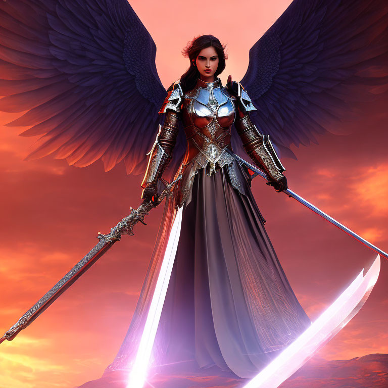 Female Warrior Angel Digital Artwork with Dark Wings and Glowing Sword