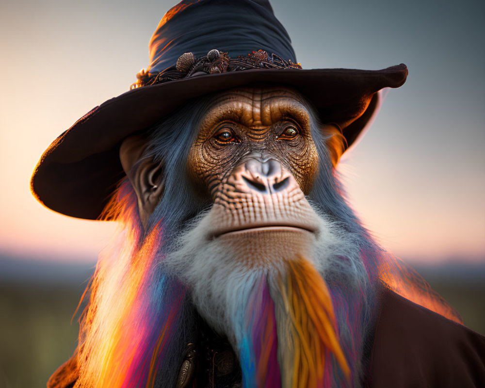 Chimpanzee in wizard costume against sunset backdrop