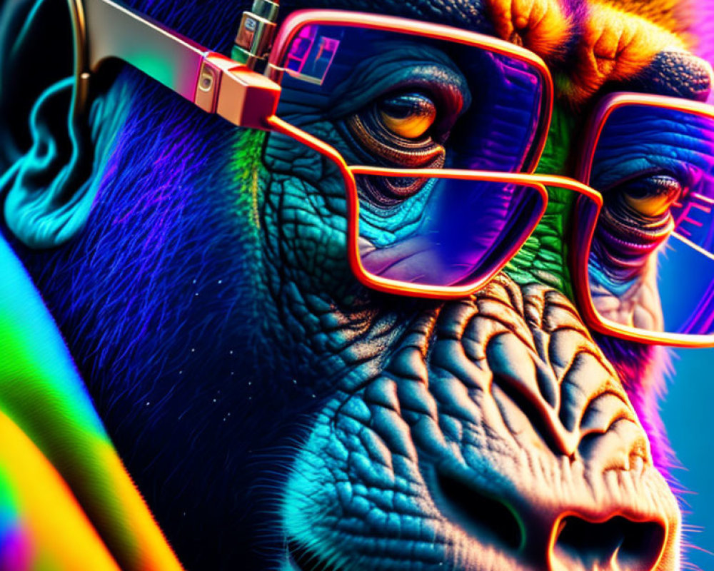 Colorful Gorilla with Glasses & Headphones on Rainbow Background