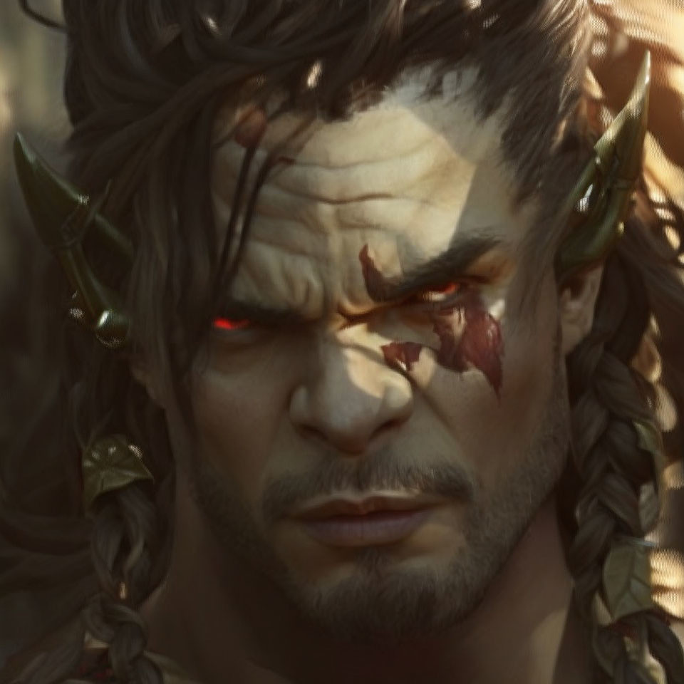Fantasy male character with red glowing eyes, sharp horns, face paint, and braided hair