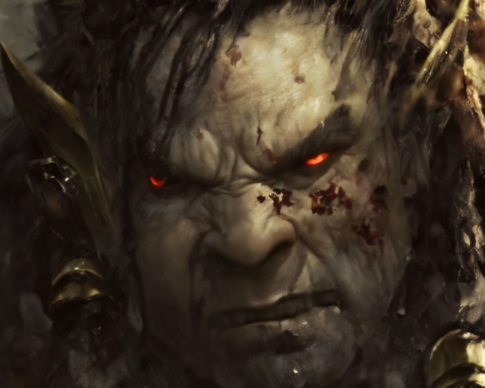 Detailed Close-Up of Angry Fantasy Creature with Red Eyes and Orc-Like Features