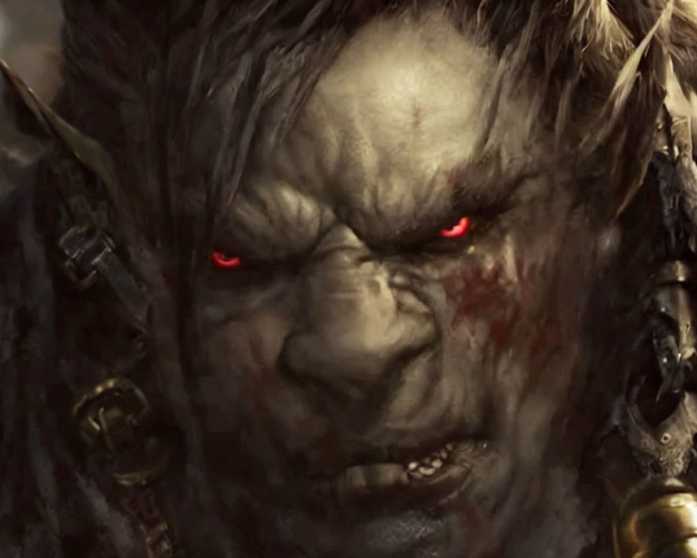Detailed close-up of fierce orc with glowing red eyes and battle scars