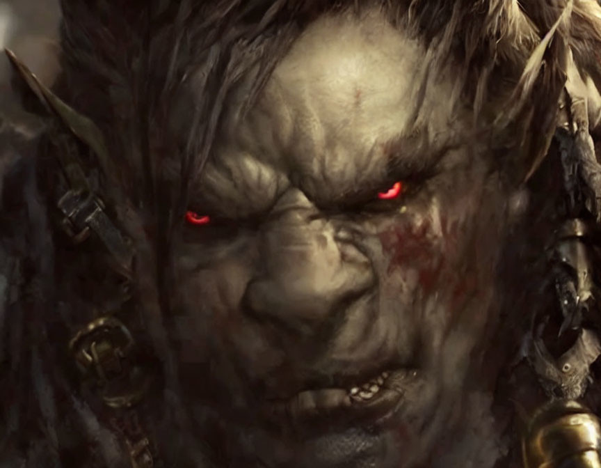 Detailed close-up of fierce orc with glowing red eyes and battle scars
