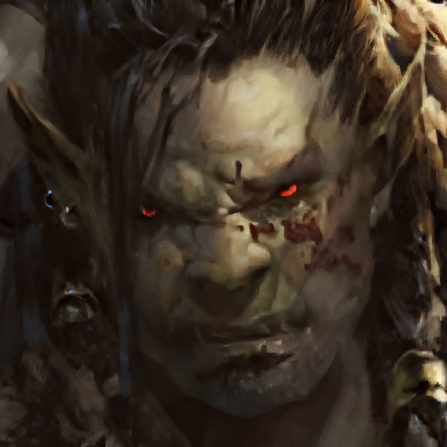 Fantasy character with pointed ears, red eyes, and mottled skin in shadows