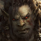 Fantasy character with red eyes, pierced ear, facial markings, orc or troll, fierce expression,