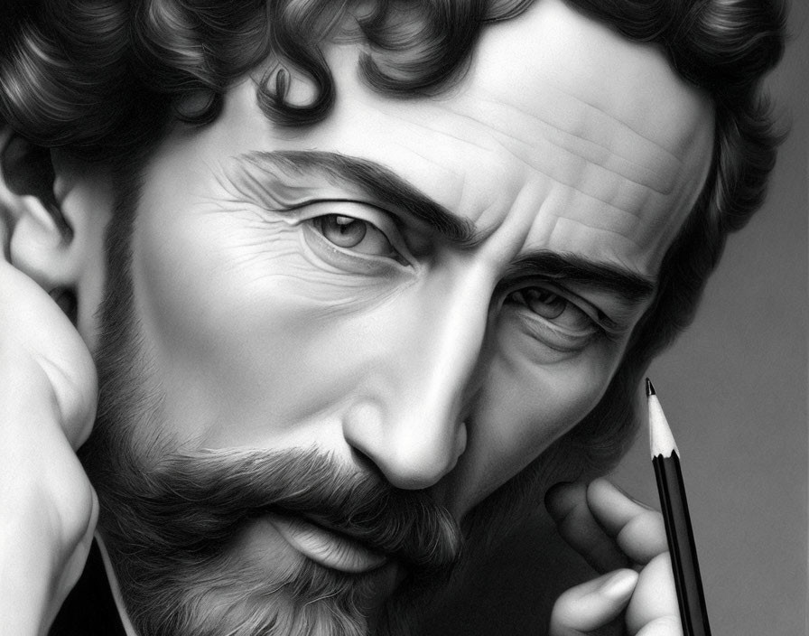 Detailed monochrome illustration of a man with curly hair holding a pencil