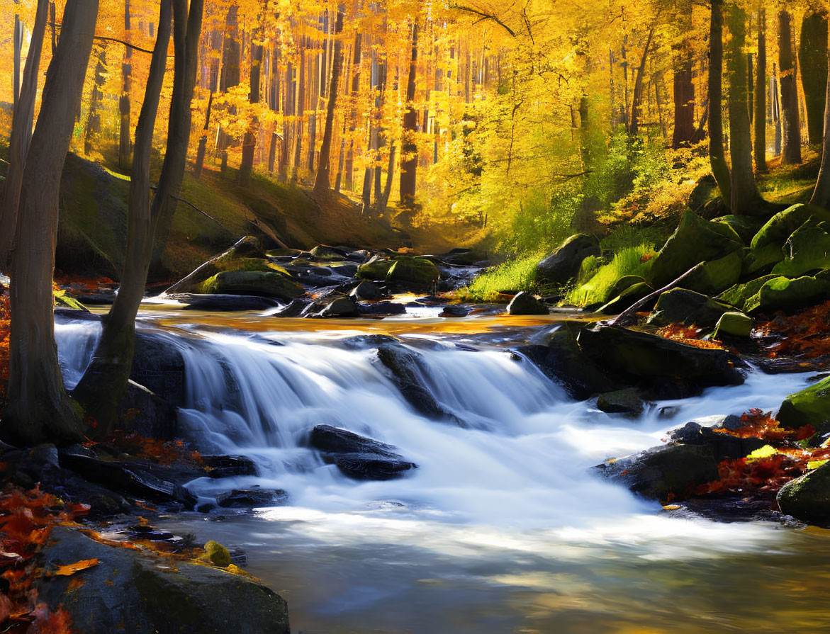 Tranquil autumn forest scene with cascading stream