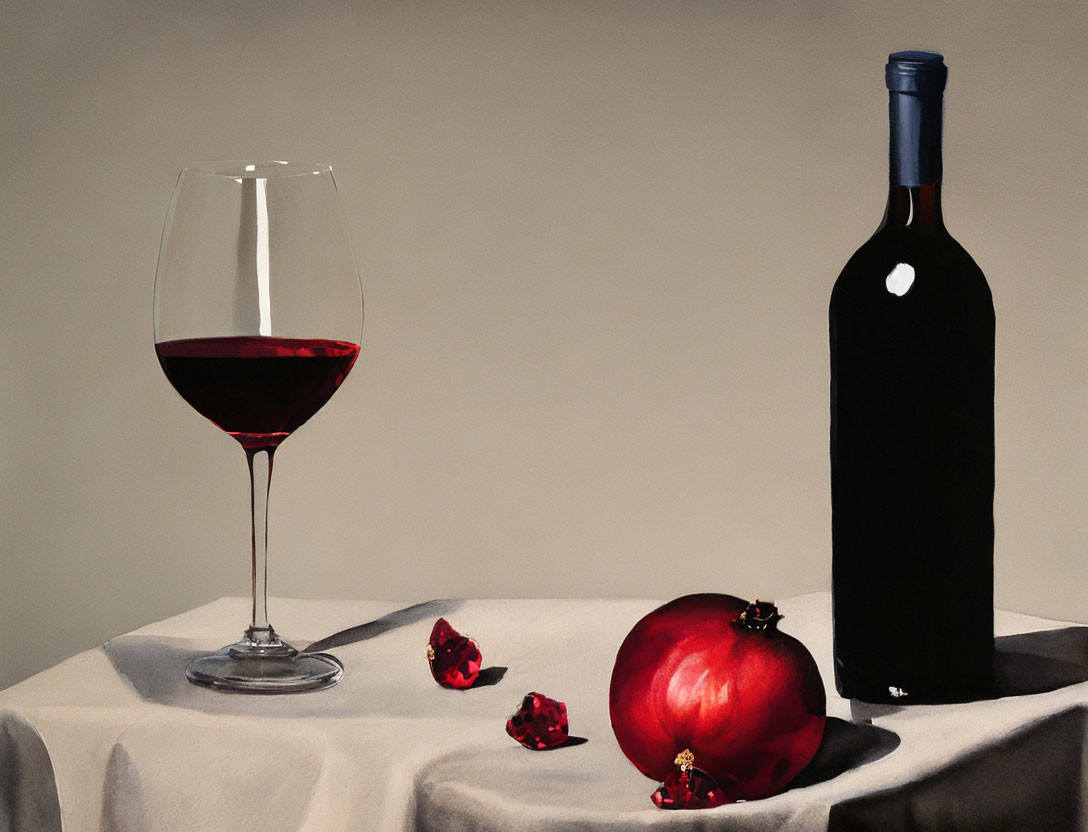 Still life with red wine glass, dark bottle, pomegranate, and seeds on white table