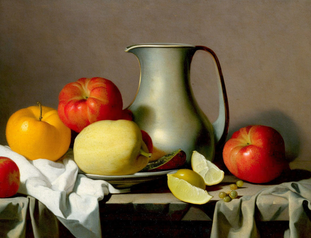 Classic still life painting with apples, lemon, pitcher, and cloth.