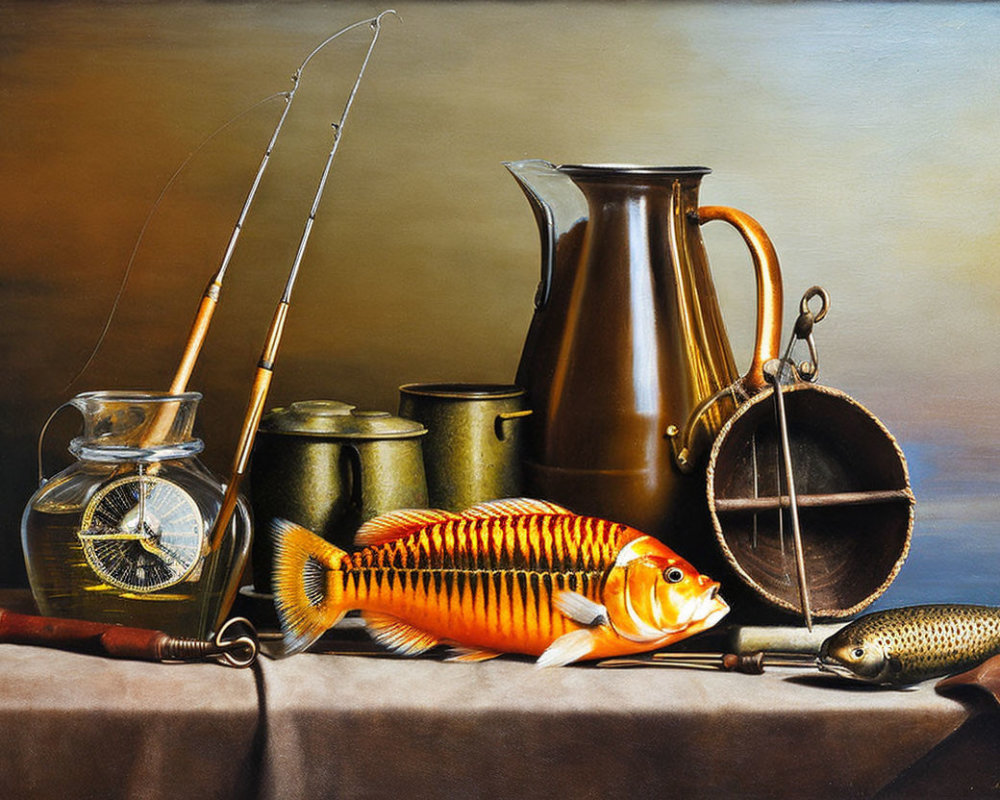 Colorful fish, fishing equipment, and more in still life painting