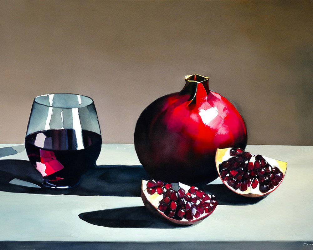 Classic Still Life Painting with Whole and Sliced Pomegranates and Glass of Wine