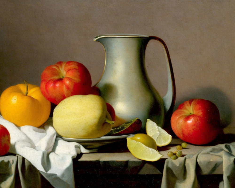 Classic still life painting with apples, lemon, pitcher, and cloth.