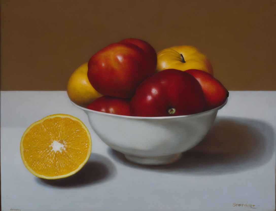 Realistic still-life painting of white bowl with red apples and sliced orange on beige surface.