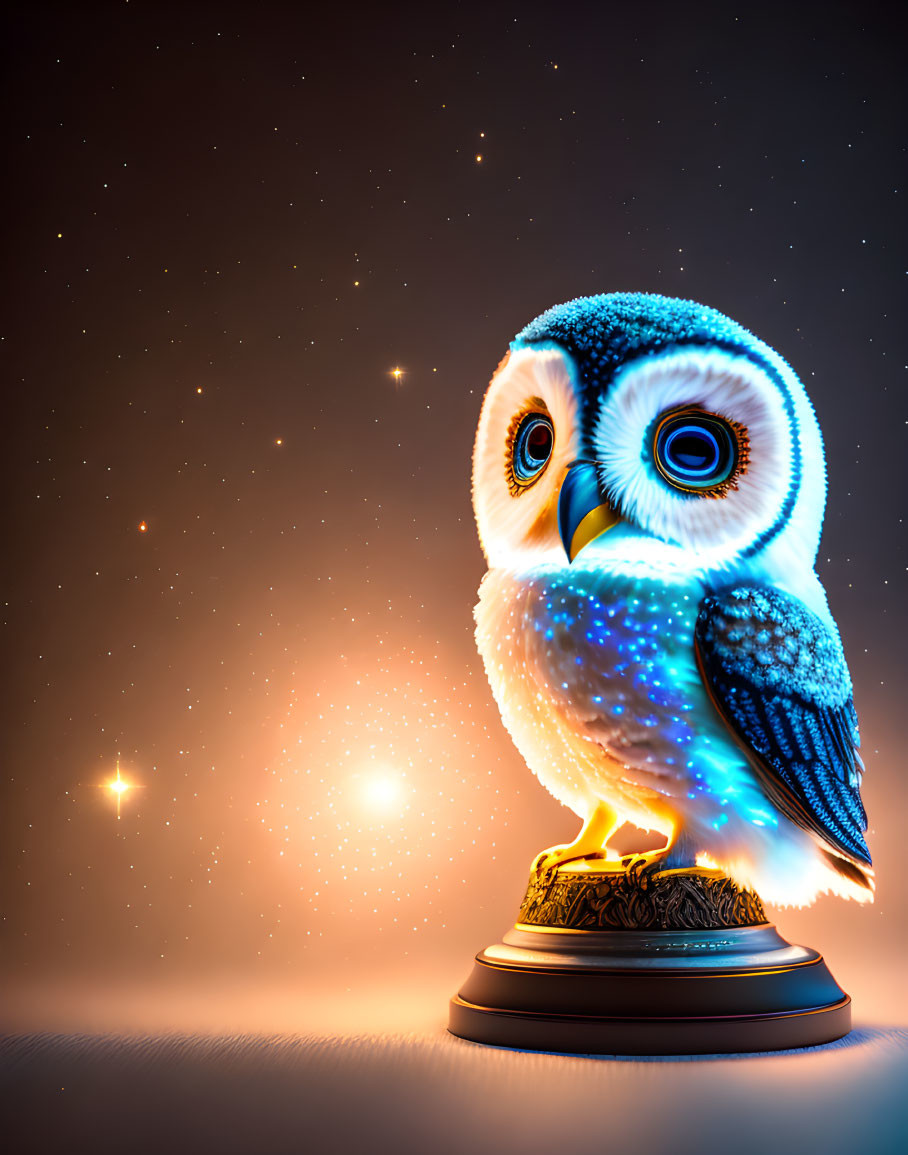 Colorful Galaxy Pattern Owl Figurine on Starry Background