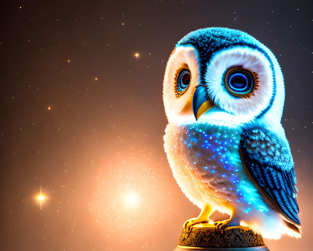 Colorful Galaxy Pattern Owl Figurine on Starry Background