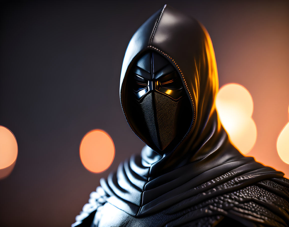 Detailed Black Armored Figure with Masked Helmet on Dark Background