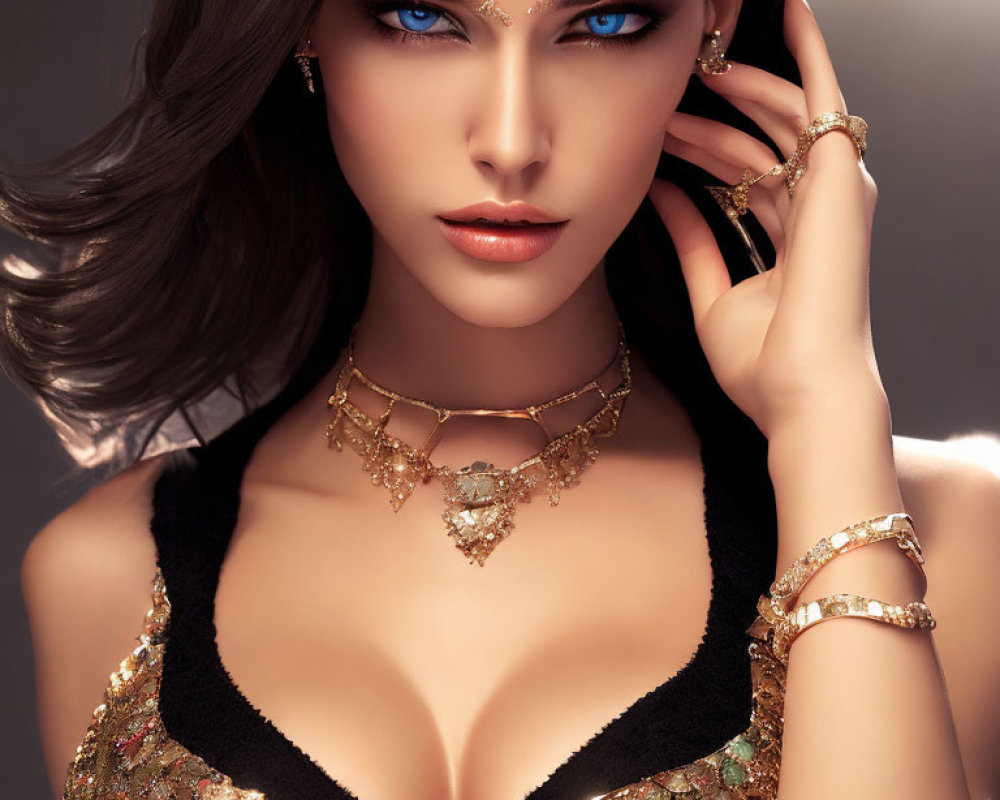 Digital Artwork: Woman with Striking Blue Eyes and Gold Jewelry
