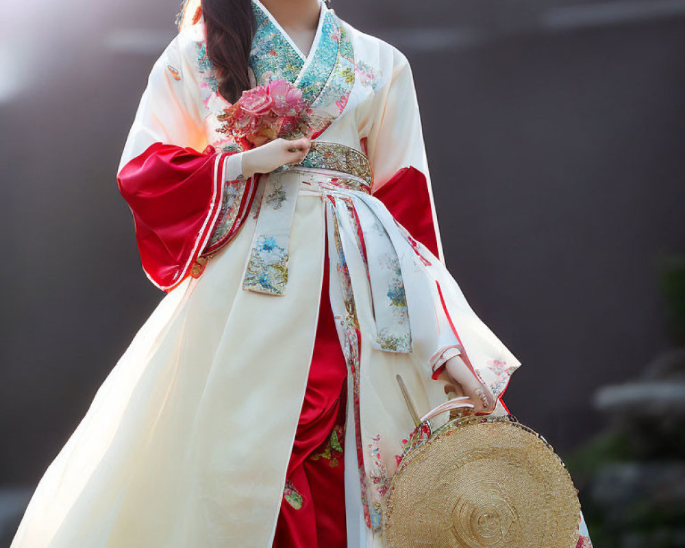 Traditional Asian Woman in White and Red Attire Holding Flowers and Fan