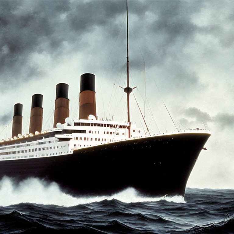 Vintage Passenger Liner with Four Funnels on Rough Sea and Cloudy Skies