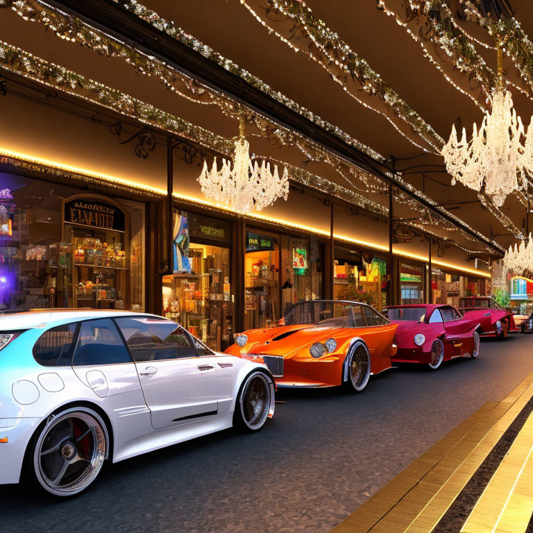Luxury Sports Cars Parked on Elegant Street with Chandeliers