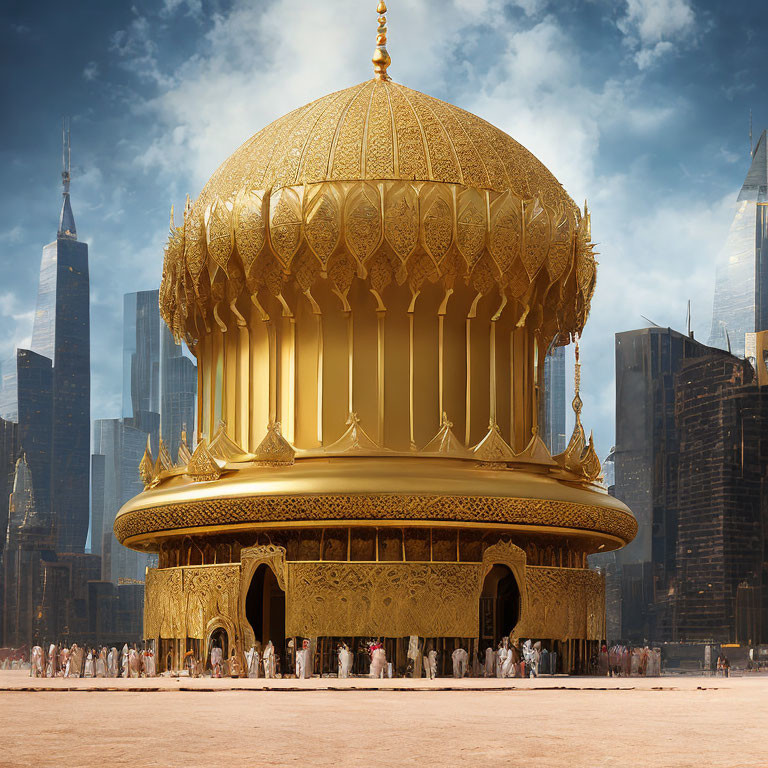 Golden dome pavilion with traditional attired people in cityscape.