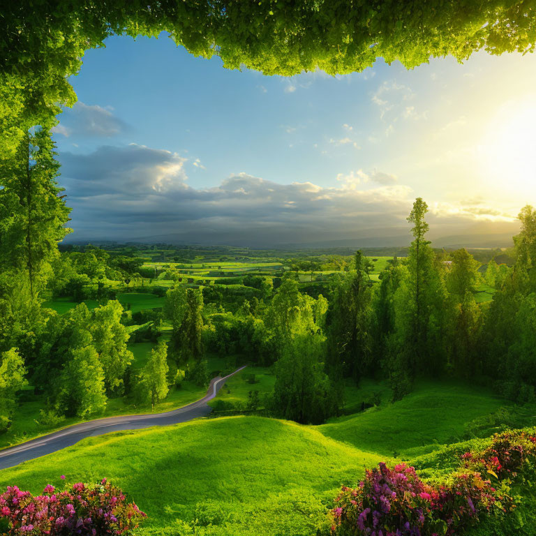 Scenic landscape with green fields, winding road, blooming flowers, trees, and dramatic sky.