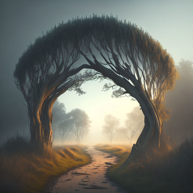 Twilight scene: Mystical archway of intertwined trees in foggy landscape