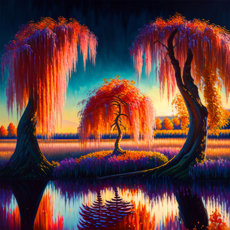 Colorful painting of weeping willows by a reflective lake at sunset