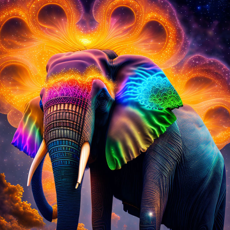Colorful Elephant Artwork Against Cosmic Background with Nebula Patterns
