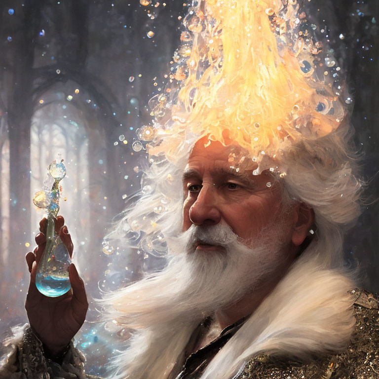 Elderly wizard examines glowing potion in forest cathedral