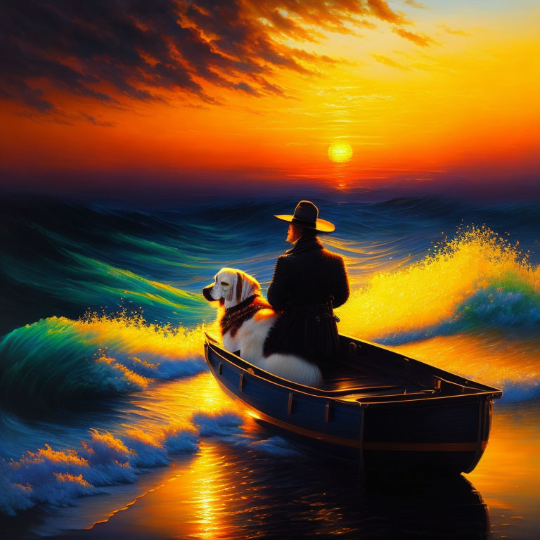 Person and dog in boat on vibrant sunset sea with orange skies.
