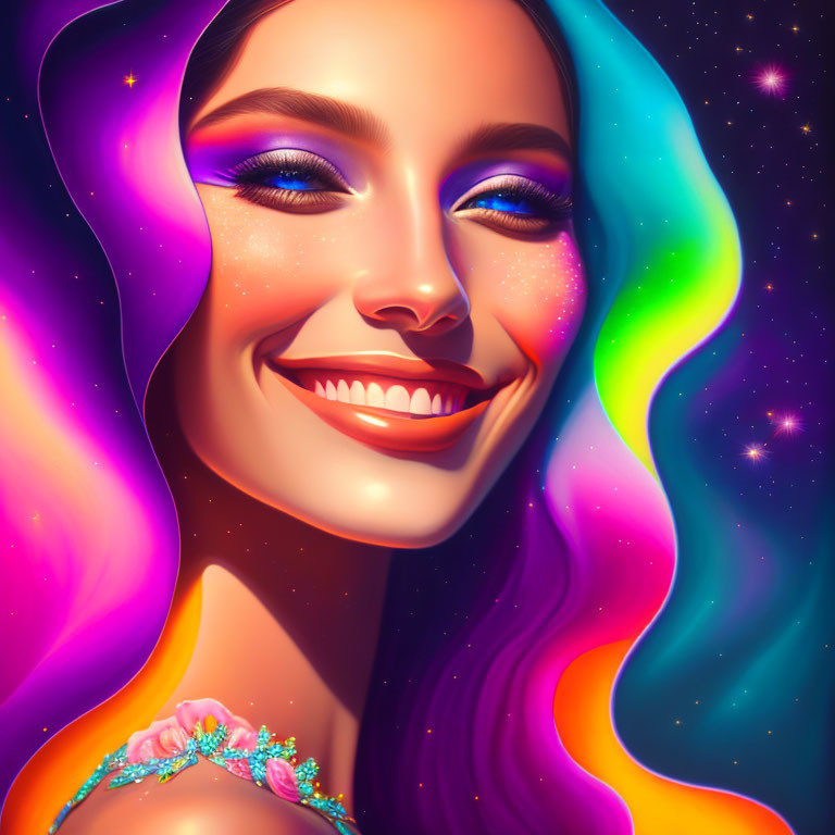 Colorful illustration: Smiling woman with rainbow hair and cosmic backdrop