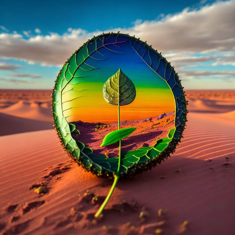 Desert leaf in circular frame with kaleidoscopic sky and dunes