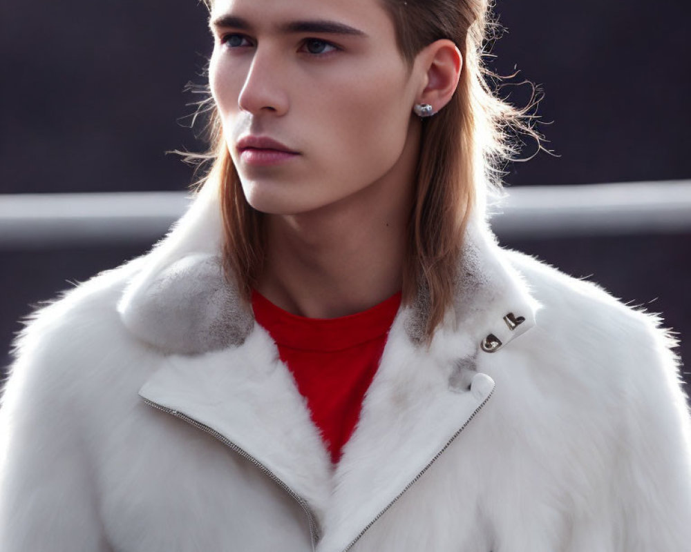 Person with slicked-back hair in red shirt and white fur-trimmed jacket.