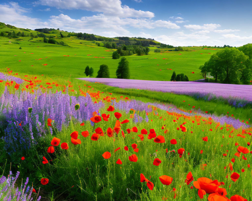 Colorful Field of Red Poppies and Purple Flowers Under Blue Sky
