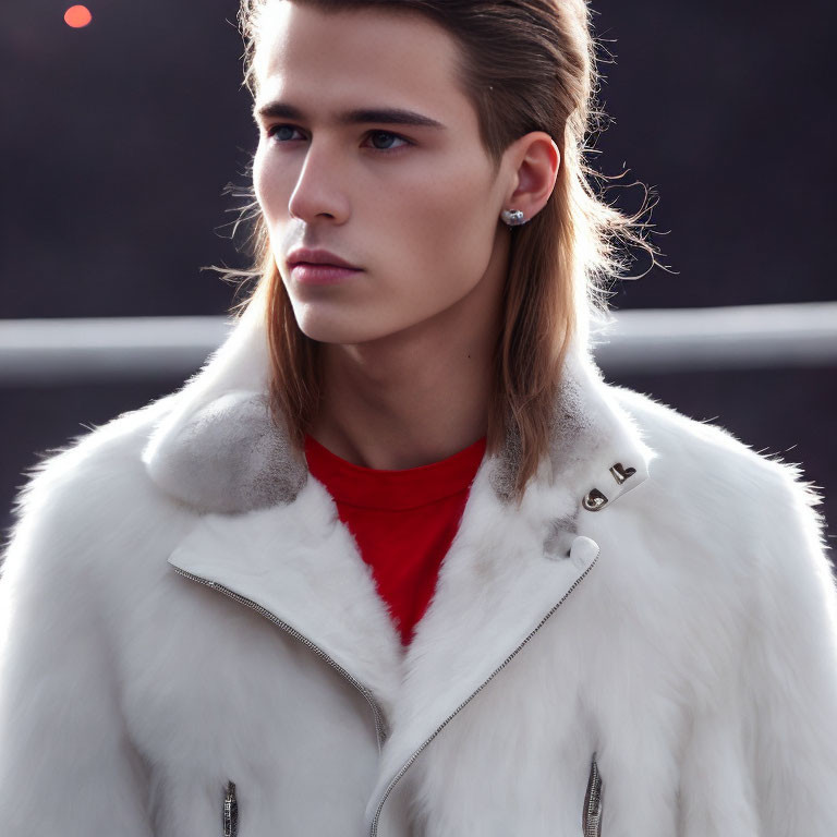 Person with slicked-back hair in red shirt and white fur-trimmed jacket.