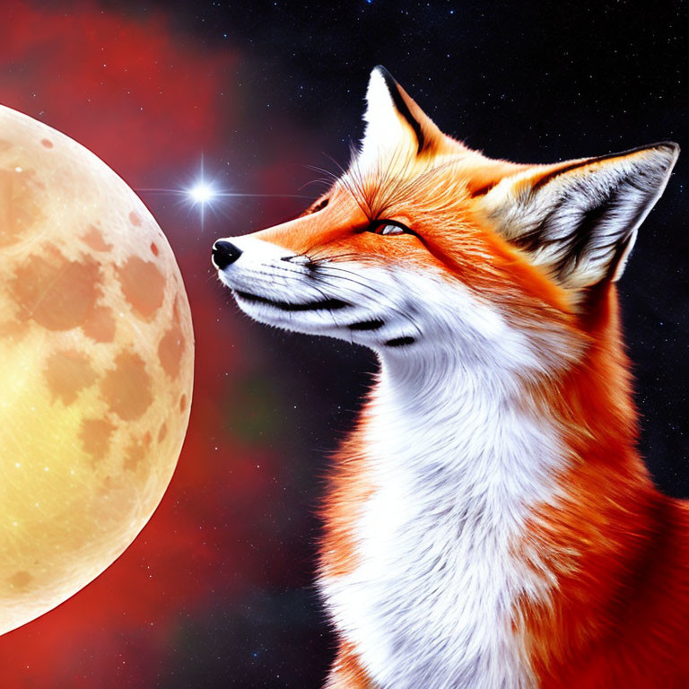 Detailed red fox illustration under starry sky