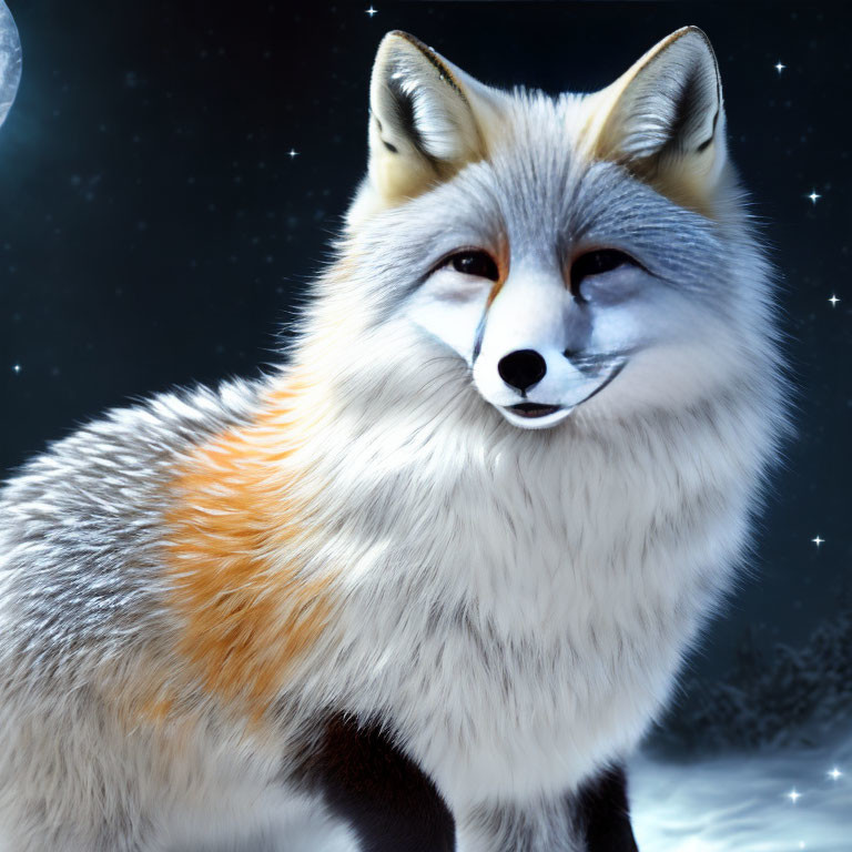 White fox in the moonlight at winter 